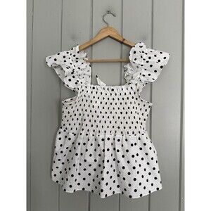 NWT River Island Top UK 8 US Small Spot Ruffle Polka Dot Black White Smocked NEW